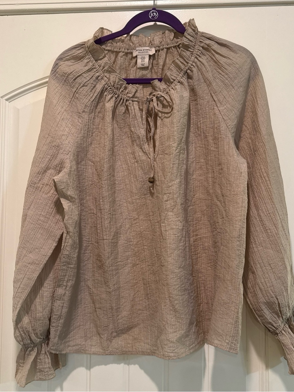 Martha Stewart Beige Gathered Tie-Neck Blouse